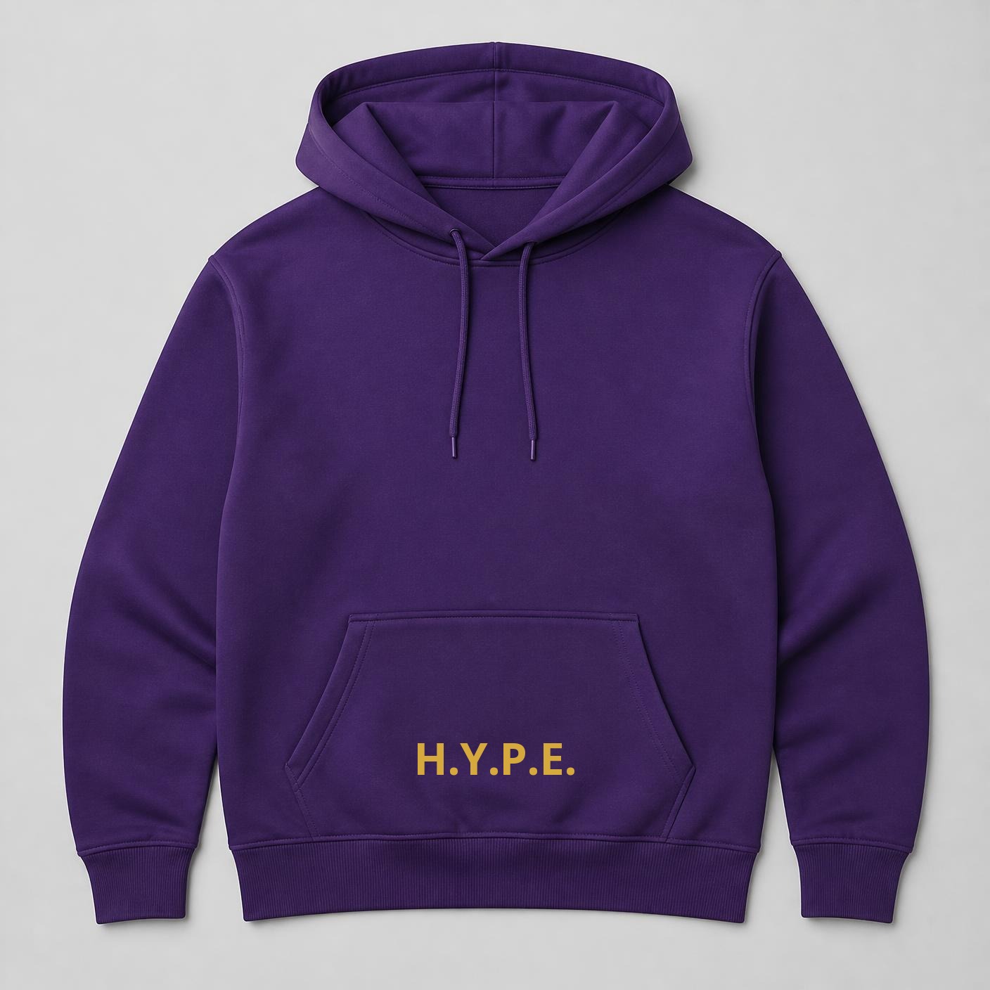 Purple hoodie with gold H.Y.P.E. on the pocket